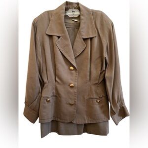 Perry Ellis Vintage Italian Silk Brown Skirt Suit Audrey Hepburn Style Size 10